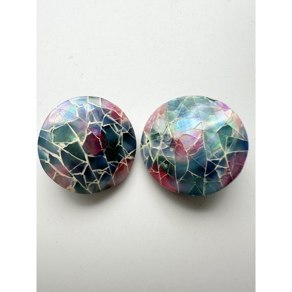 VINTAGE ABALONE SHELL, IRIDESCENT MOSAIC ROUND CLIP-ON  EARRINGS